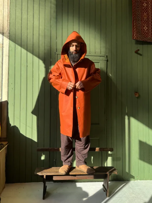 Drover Raincoat | Orange Coated Denim