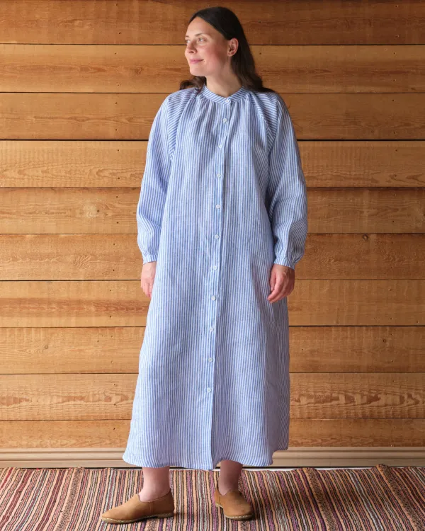 Dorothea Dress | Blue Striped Irish Linen