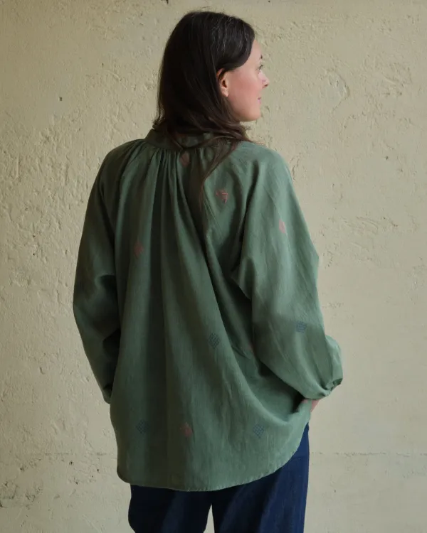 Clementine Blouse | Embroidered Emerald Cotton
