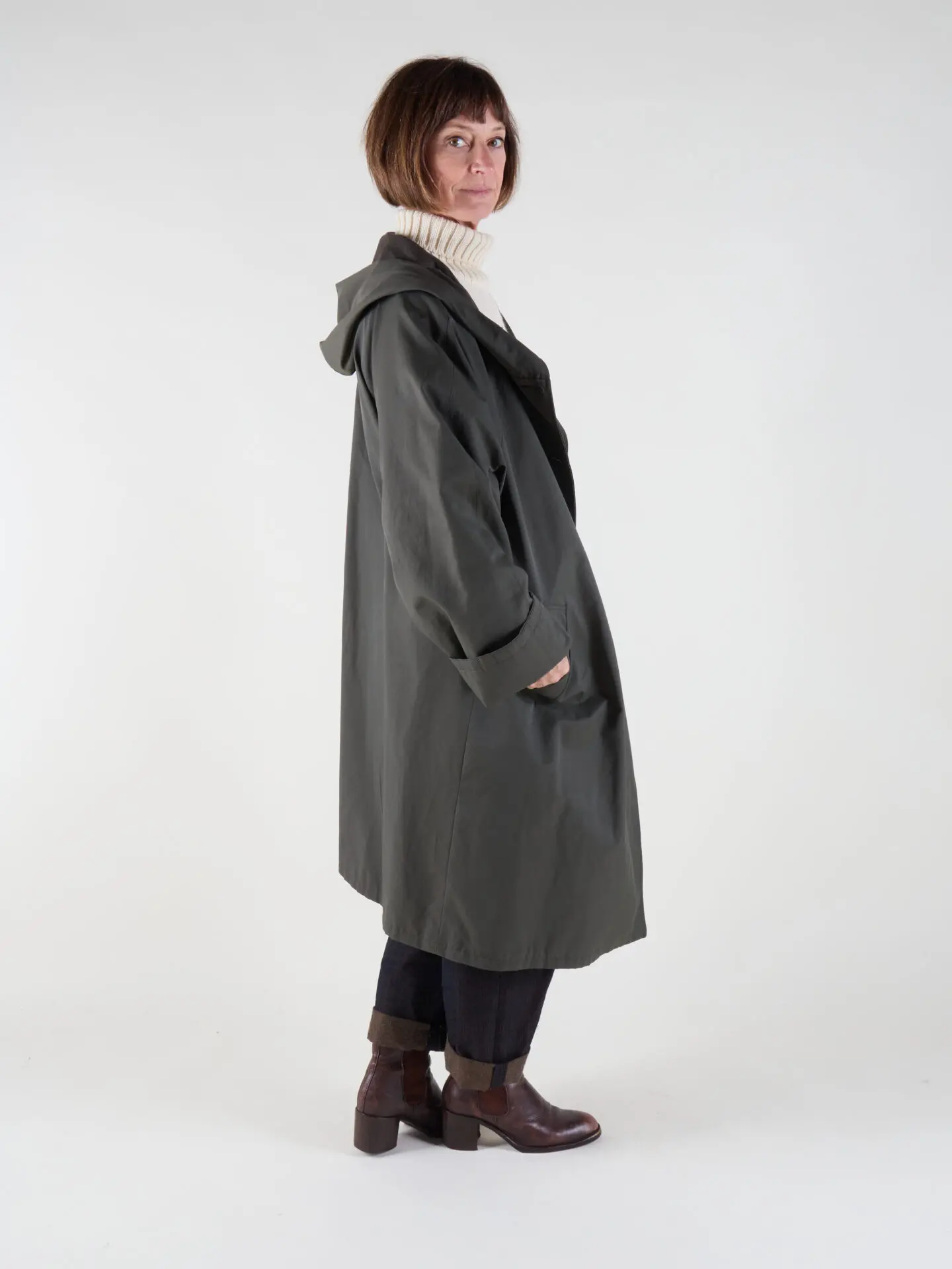 Drover Raincoat | Grey Green Waxed Cotton - Image 4